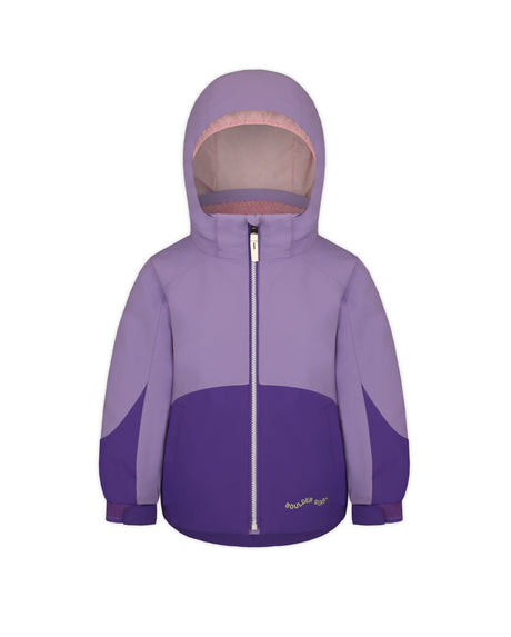 Boulder Gear Lacey Toddler Jacket ski jacket -- Lilac 2 colorway front view on model with hood and cuffs