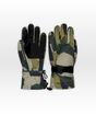 Boulder Gear Mogul II junior gloves in an olive, tan and black camo print with black palms and a wrist strap, a pair on a white background.