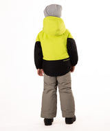 Boulder Gear Nico Toddler Jacket 2026 ski jacket -- Kiwi 3 colorway front view on model with hood and cuffs