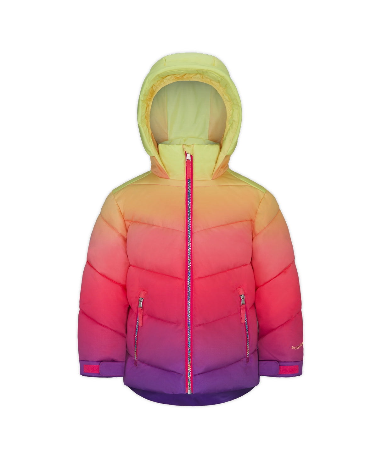 Boulder Gear Penny Toddler Jacket ski jacket -- front view on model showing insulated shell and hood at Willis Ski and Board