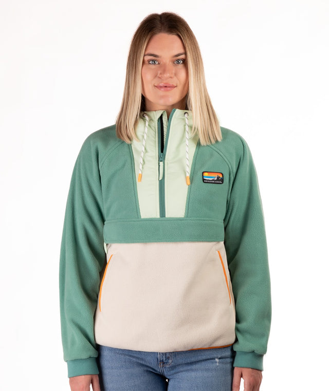 Boulder Gear Scout Pullover Womens Fleece 2026 mid layer -- front view on model showing mid layer insulation