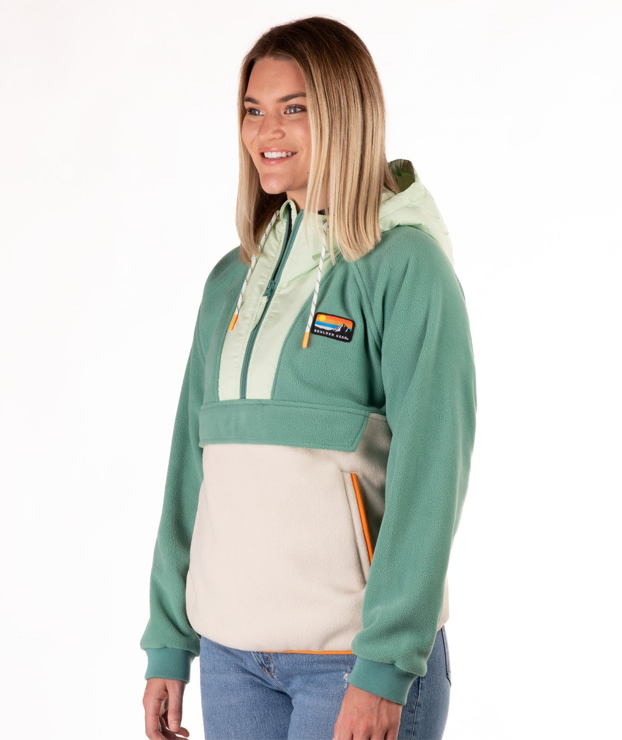 Boulder Gear Scout Pullover Womens Fleece 2026 mid layer -- Oil Green colorway front view on model