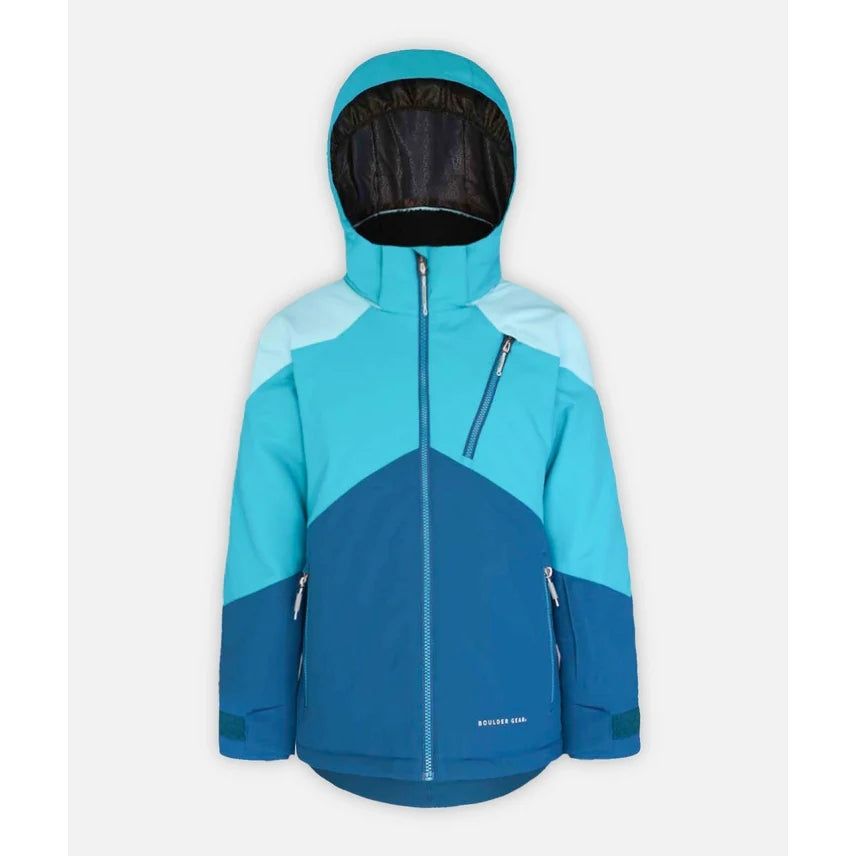 Boulder Gear Temple Junior Jacket ski jacket -- Blue Bird colorway front view on model with hood and cuffs