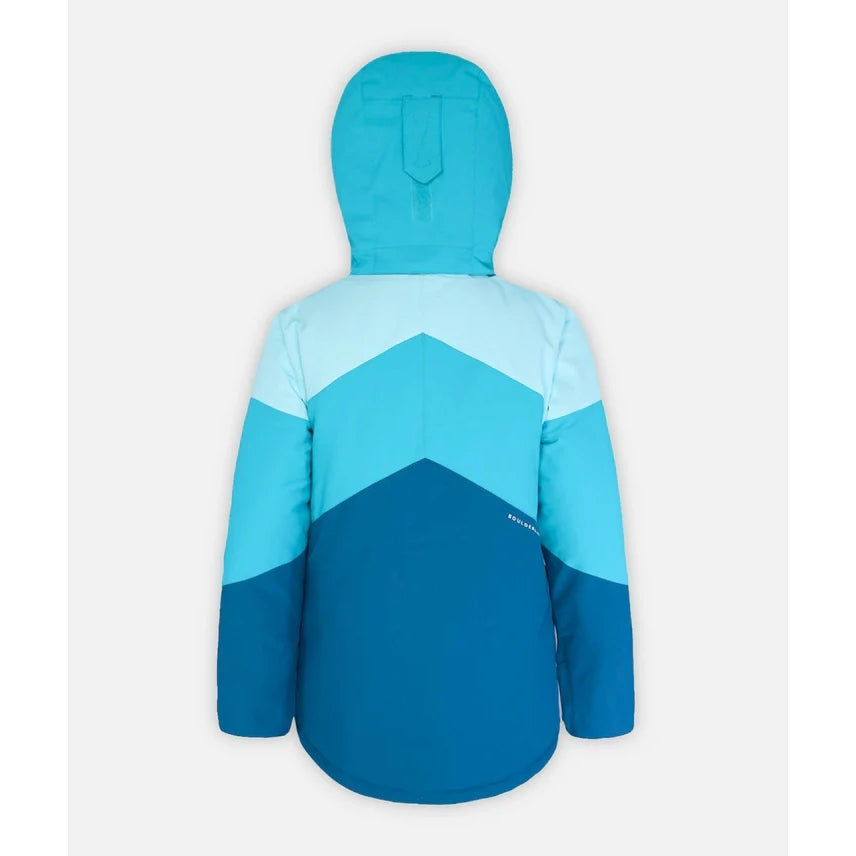 Boulder Gear Temple Junior Jacket ski jacket -- Blue Bird colorway outside profile showing zippered pockets and seams