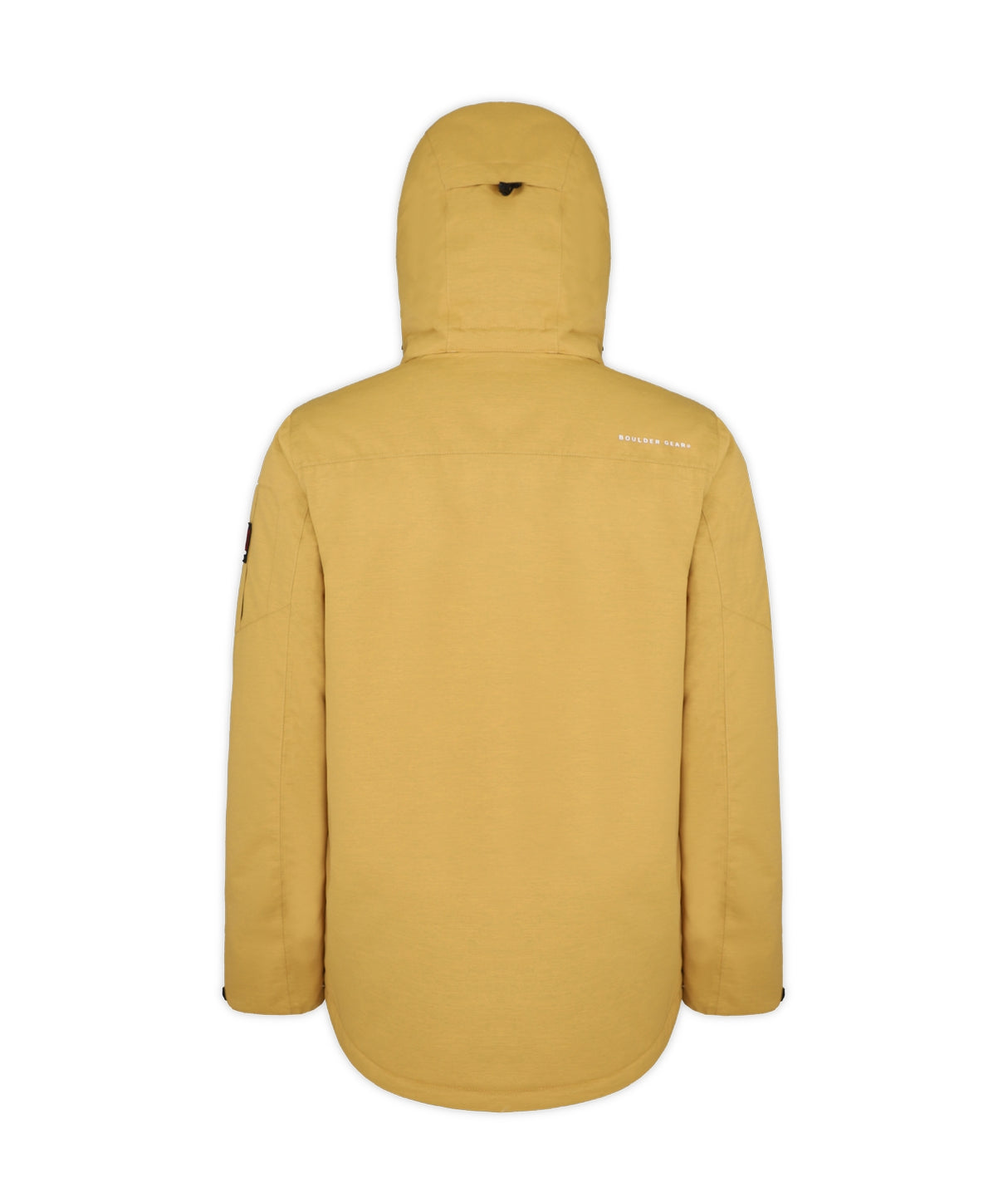 Boulder Gear Teton Mens Jacket ski jacket -- Honey Mustard colorway front view on model with hood and cuffs