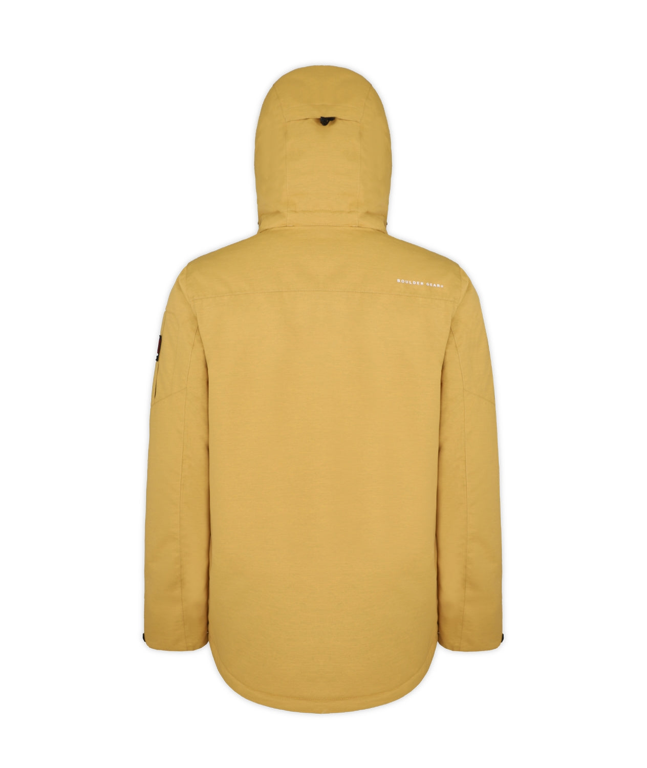 Boulder Gear Teton Mens Jacket ski jacket -- Honey Mustard colorway front view on model with hood and cuffs