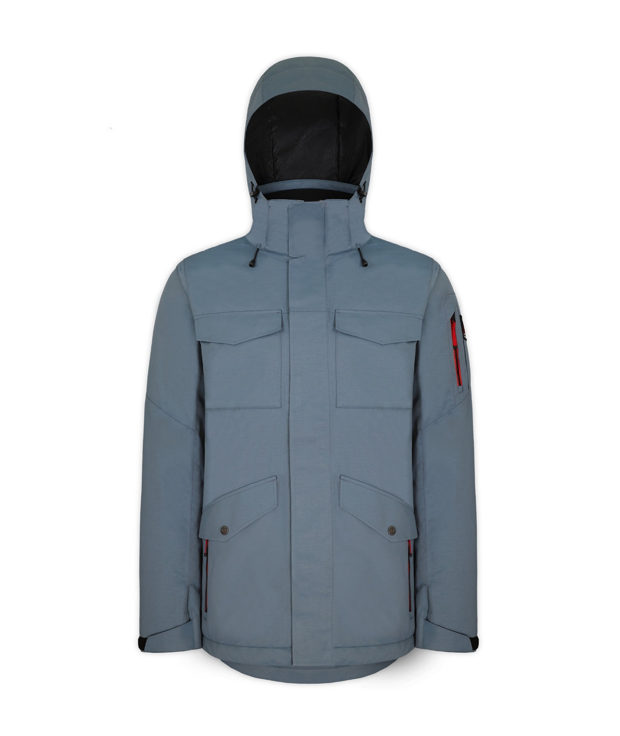 Boulder Gear Teton Mens Jacket ski jacket -- Slate Blue colorway front view on model with hood and cuffs