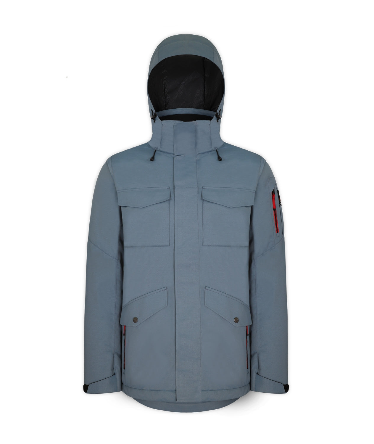 Boulder Gear Teton Mens Jacket ski jacket -- Slate Blue colorway front view on model with hood and cuffs