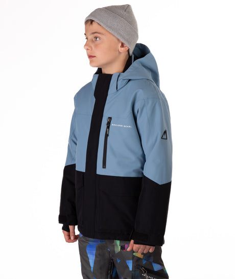 Boulder Gear Wesley Junior Jacket 2026 ski jacket -- Blue Shadow colorway front view on model with hood and cuffs