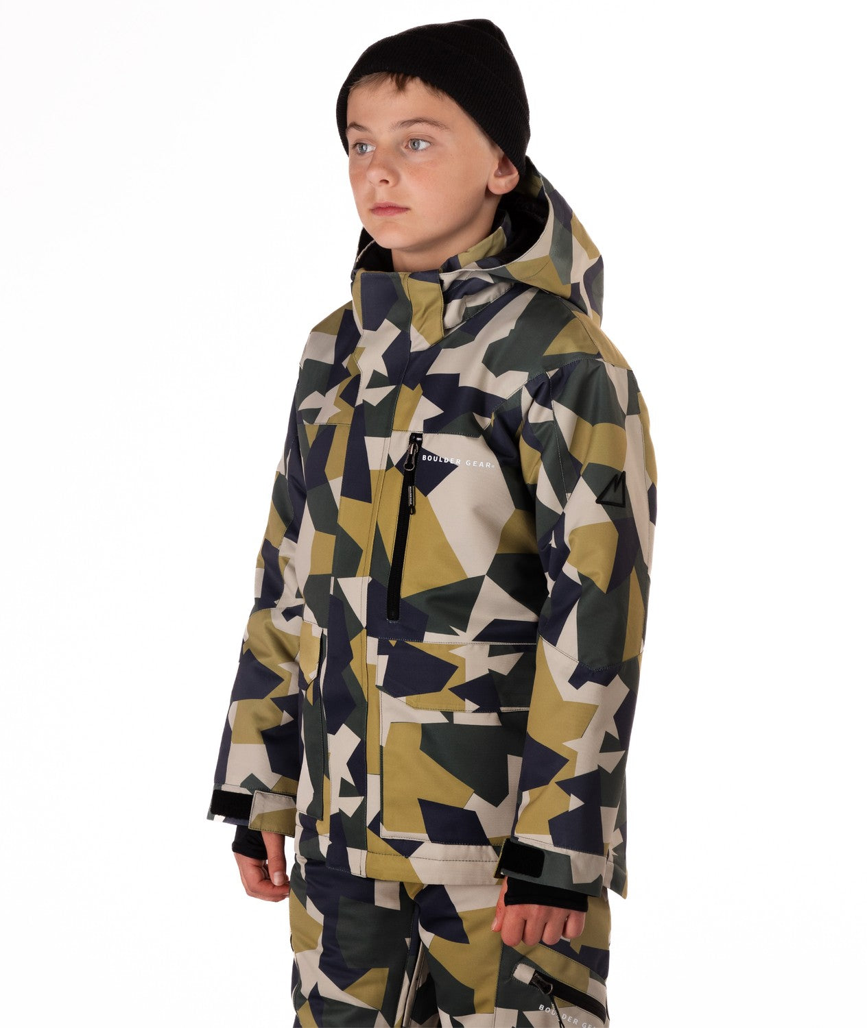Boulder Gear Wesley Junior Jacket 2026 ski jacket -- Camo colorway detail view of hood lining and wrist cuff design
