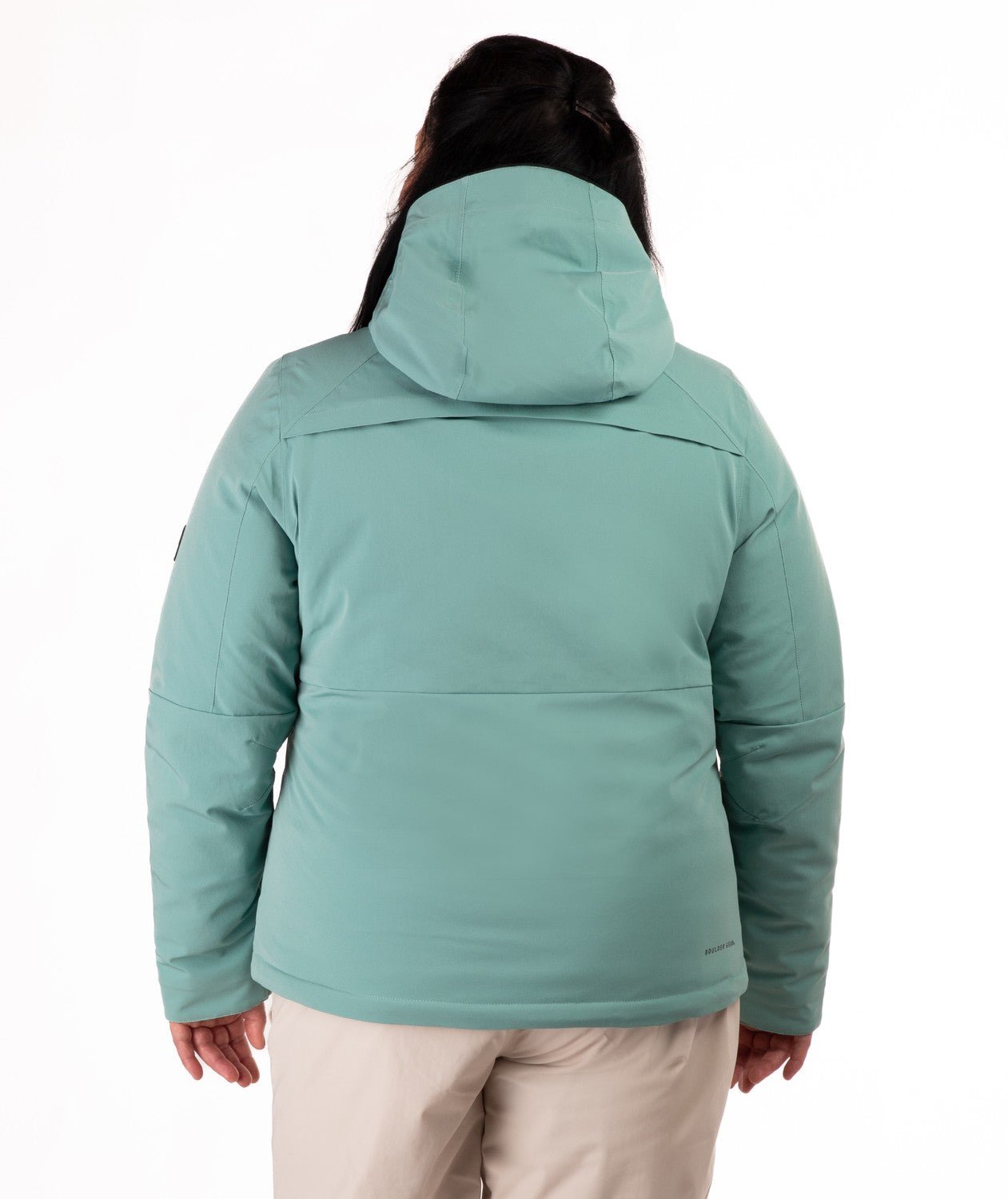 Boulder Gear Wren Womens Jacket 2026 ski jacket -- Oil Green colorway back view showing articulated powder skirt and fit