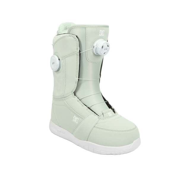 DC Lotus snowboard boot in pale sage green, side view of the lace-up boot with a Boa dial and a small DC logo. Available at Willi's Snowboard Shop.