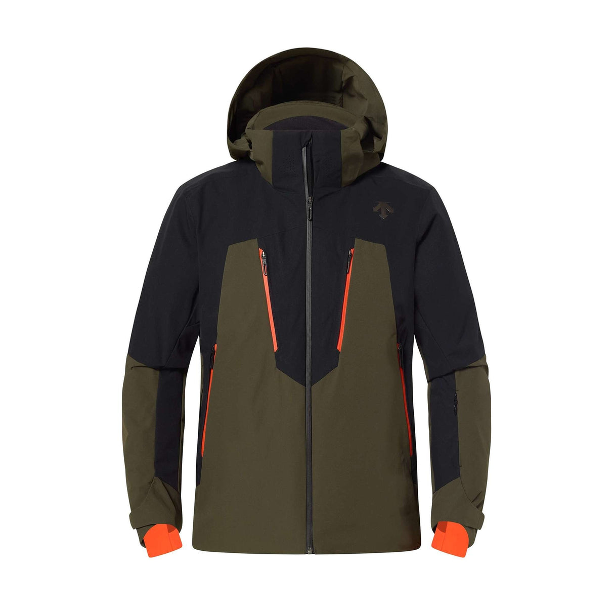 Descente Angular Line Mens Jacket 2026 ski jacket -- front view on model showing insulated shell and hood at Willis Ski and