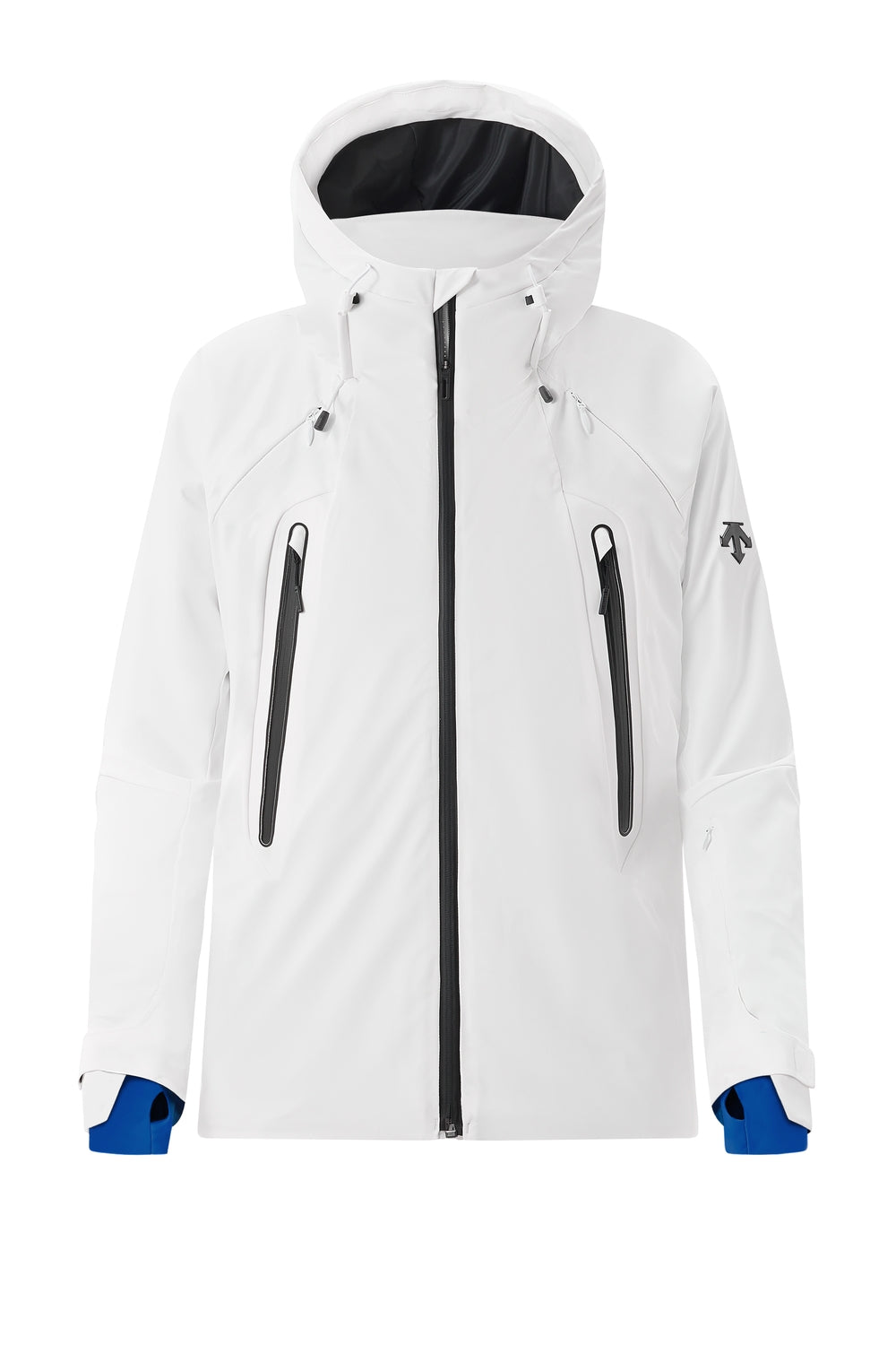 Descente Mountain Down Mens Jacket ski jacket -- front view on model showing insulated shell and hood at Willis Ski and