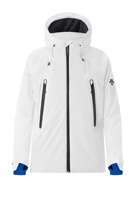 Descente Mountain Down Mens Jacket ski jacket -- front view on model showing insulated shell and hood at Willis Ski and