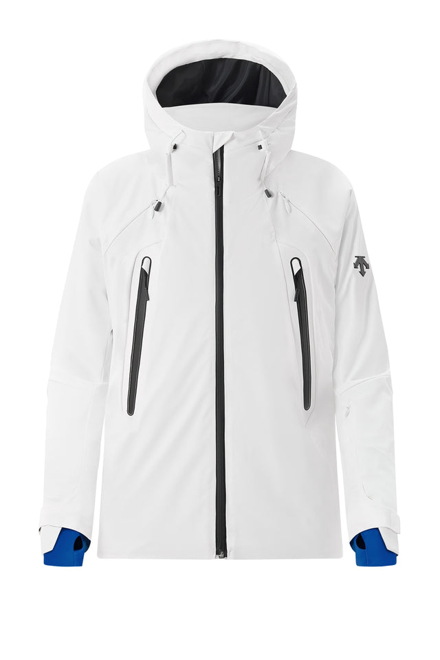 Descente Mountain Down Mens Jacket ski jacket -- front view on model showing insulated shell and hood at Willis Ski and
