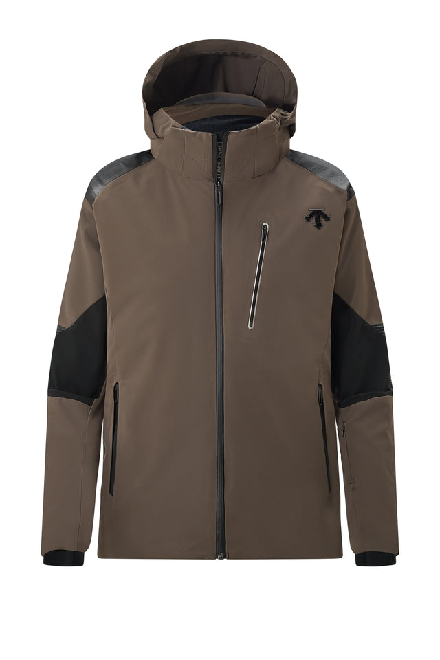 Descente Pilot Insulated Mens Jacket ski jacket -- front view on model showing insulated shell and hood at Willis Ski and