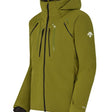 Descente Stream Mens Jacket ski jacket -- Olive Green colorway front view on model with hood and cuffs