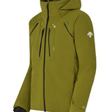 Descente Stream Mens Jacket ski jacket -- Olive Green colorway front view on model with hood and cuffs
