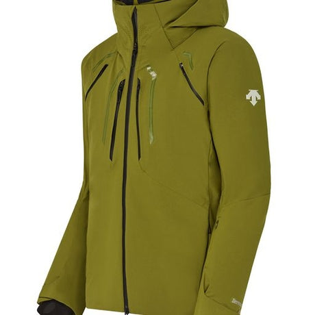 Descente Stream Mens Jacket ski jacket -- Olive Green colorway front view on model with hood and cuffs
