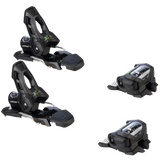 Elan Attack 11 GW ski bindings in black with green accents, top view of two toe pieces and two heel pieces. Available at Willi's Ski Shop.