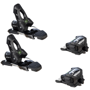 Elan Attack 11 GW ski bindings in black with green accents, top view of two toe pieces and two heel pieces. Available at Willi's Ski Shop.