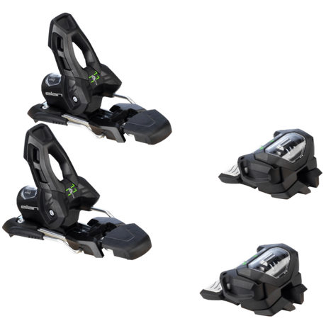 Elan Attack 11 GW ski bindings in black with green accents, top view of two toe pieces and two heel pieces. Available at Willi's Ski Shop.