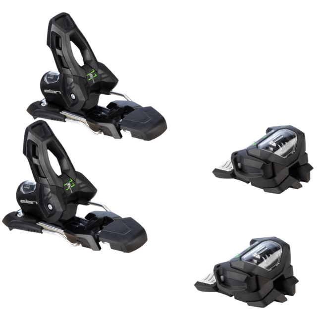 Elan Attack 11 GW ski bindings in black with green accents, top view of two toe pieces and two heel pieces. Available at Willi's Ski Shop.