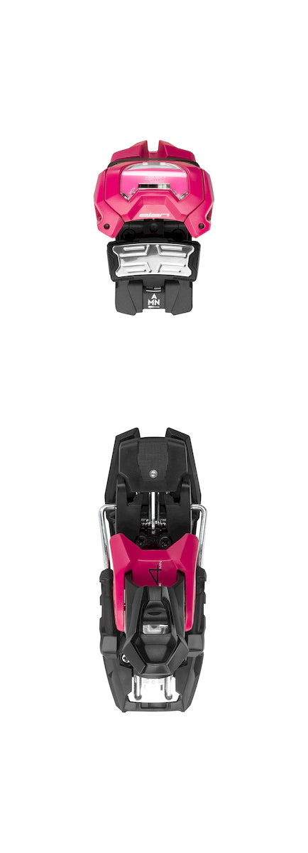 Elan Attack 14 MN GW ski bindings in pink and black, top view of the toe piece above the tall heel piece. Available at Willi's Ski Shop.