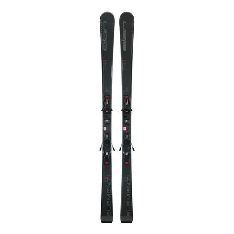 Elan Element 74 Black SX skis with EL 9.0 GW bindings in black with a red accent, top view of the pair standing on end. Available at Willi's Ski Shop.