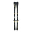 Elan Element 74 W Black SX skis with EL 9.0 bindings in black with gold lettering, top view of the pair standing on end.
