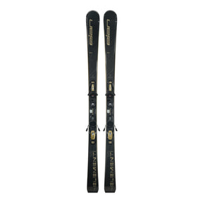 Elan Element 74 W Black SX skis with EL 9.0 bindings in black with gold lettering, top view of the pair standing on end.