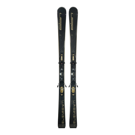 Elan Element 74 W Black SX skis with EL 9.0 bindings in black with gold lettering, top view of the pair standing on end.