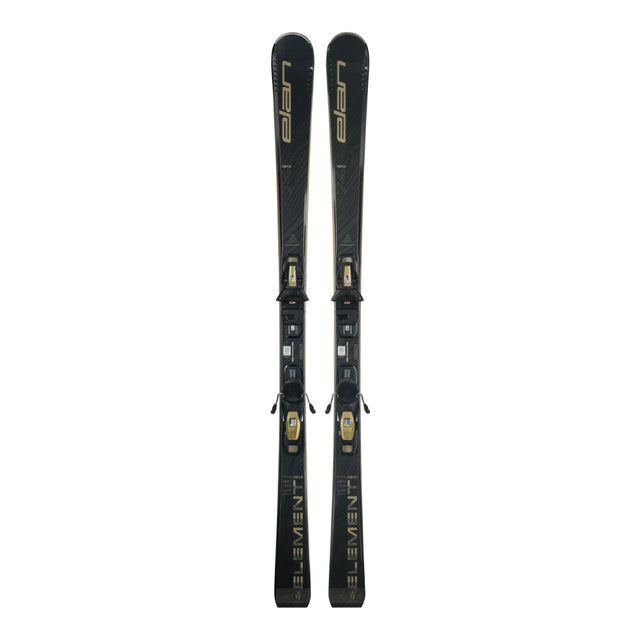 Elan Element 74 W Black SX skis with EL 9.0 bindings in black with gold lettering, top view of the pair standing on end.