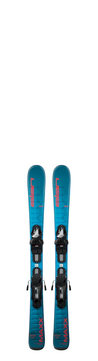 Elan Maxx Blue junior skis with EL 4.5 bindings in blue, top view of the pair standing on end, in the 70-130 cm lengths.