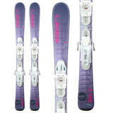 Elan Sky junior skis with EL 4.5 bindings in lavender with pink lettering, top view of the pair with a close-up of the bindings.