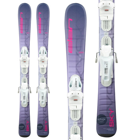 Elan Sky junior skis with EL 4.5 bindings in lavender with pink lettering, top view of the pair with a close-up of the bindings.