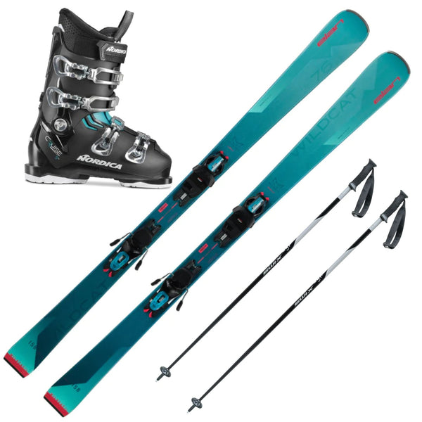 This is an image of Elan Wildcat 76 LS womens skis Package with Ski Boots