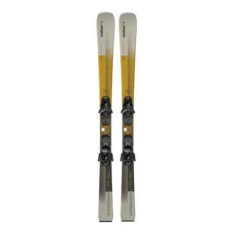 Elan Wingman 78 Lite SX skis with EL 10.0 GW bindings in gold and gray, top view of the pair standing on end. Available at Willi's Ski Shop.