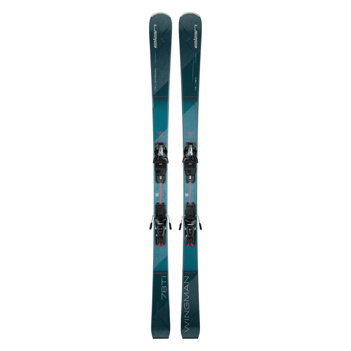 Elan Wingman 78 Ti PS skis with ELS 11.0 bindings in teal and navy, top view of the pair standing on end. Available at Willi's Ski Shop.