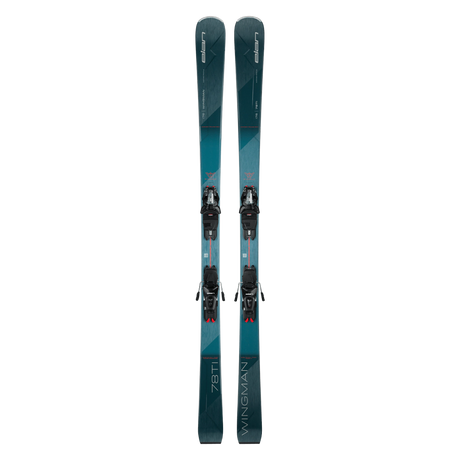 Elan Wingman 78 Ti PS skis with ELS 11.0 bindings in teal and navy, top view of the pair standing on end. Available at Willi's Ski Shop.