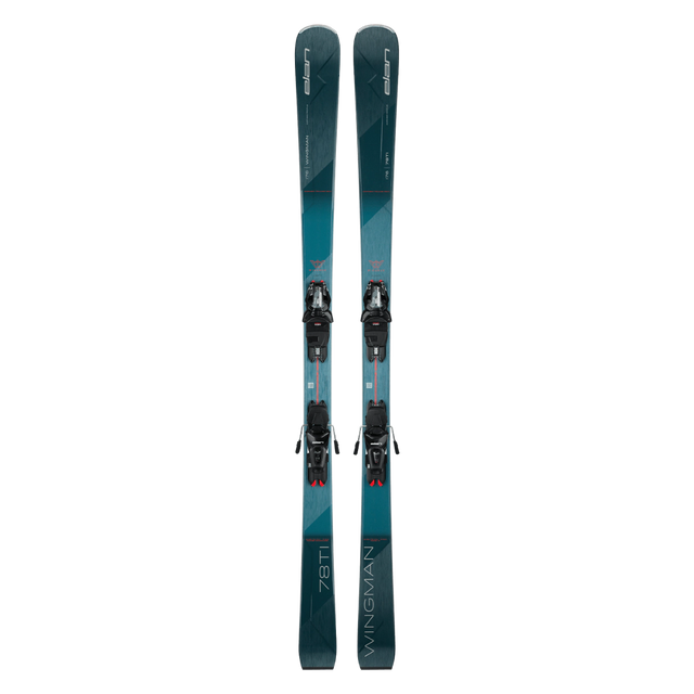 Elan Wingman 78 Ti PS skis with ELS 11.0 bindings in teal and navy, top view of the pair standing on end. Available at Willi's Ski Shop.