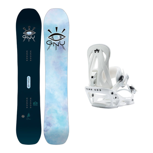 This is an image of Gnu Frosting Snowboard 2026 with Rome Shift Bindings
