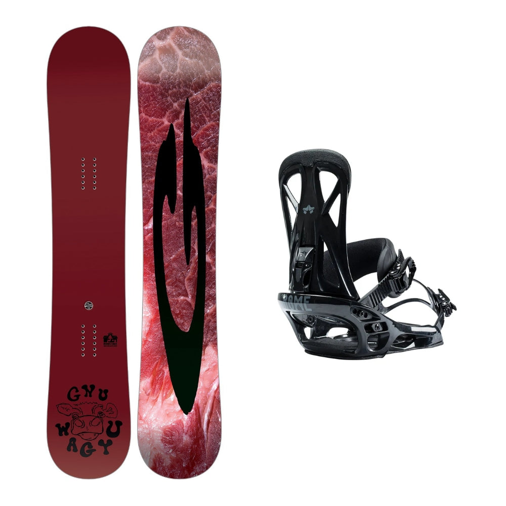 Gnu Wagyu Snowboard 2026 alpine binding -- With Rome United Bindings colorway top view showing toe and heel piece