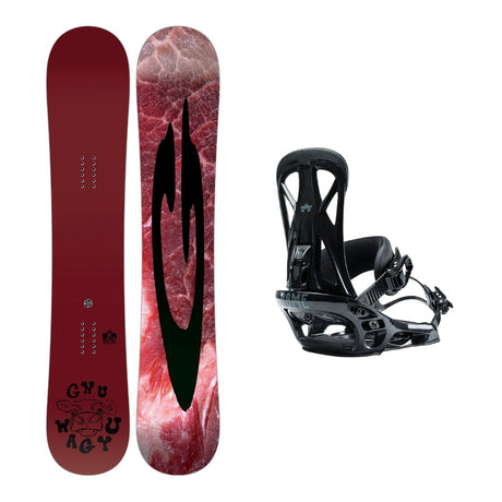 Gnu Wagyu Snowboard 2026 alpine binding -- With Rome United Bindings colorway top view showing toe and heel piece