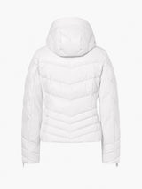 Goldbergh Abisso Womens Jacket 2026 ski jacket -- White colorway front view on model with hood and cuffs