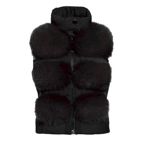Goldbergh Chic women's bodywarmer in black with faux fur panels, front view of the short vest with a high collar. Come in to Willi's Ski and Board.