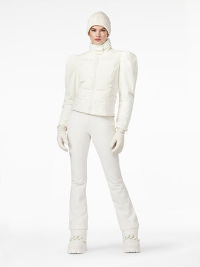 Goldbergh Delphine Womens Jacket ski jacket -- Cream 6 colorway front view on model with hood and cuffs