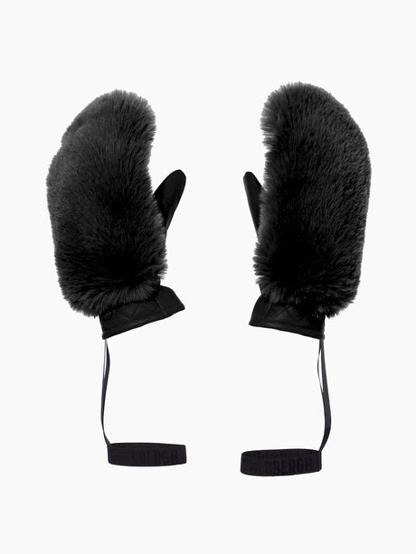 Goldbergh Hill women's mittens in black with faux fur cuffs and wrist leashes, a pair of fluffy mittens on a white background.
