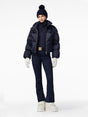 Goldbergh Queenie Womens Jacket ski jacket -- French Blue colorway front view on model with hood and cuffs